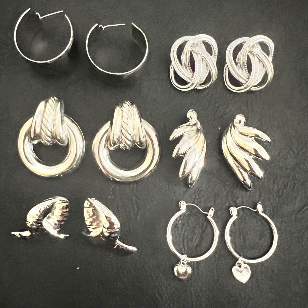Vintage Silver Tone Earring Lot 6 Pairs Hoops Studs Door Knockers 90s Aesthetic